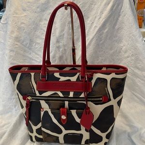 NWT Dooney & Bourke Giraffe Print Tote with Red Vacchetta Trim
